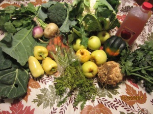 Fresh Fork bag 10/22/2015: acorn squash, apples, apple cider, broccoli, carrots, cauliflower, celery root, collard greens, and turnips